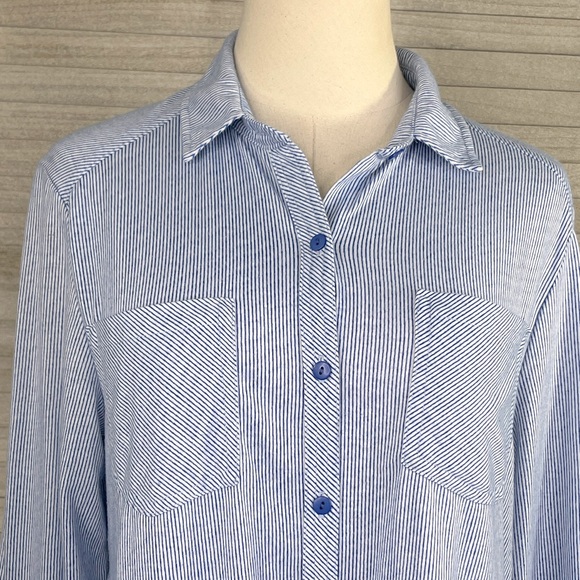 PASSPORT Button Down Shirt w Button Up Sleeves Blue/White Stripes-Large - Picture 2 of 3
